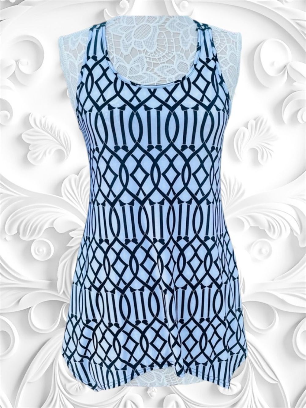 JULIA Black/White Floral Crocheted Back Tank w/Scarf Hem